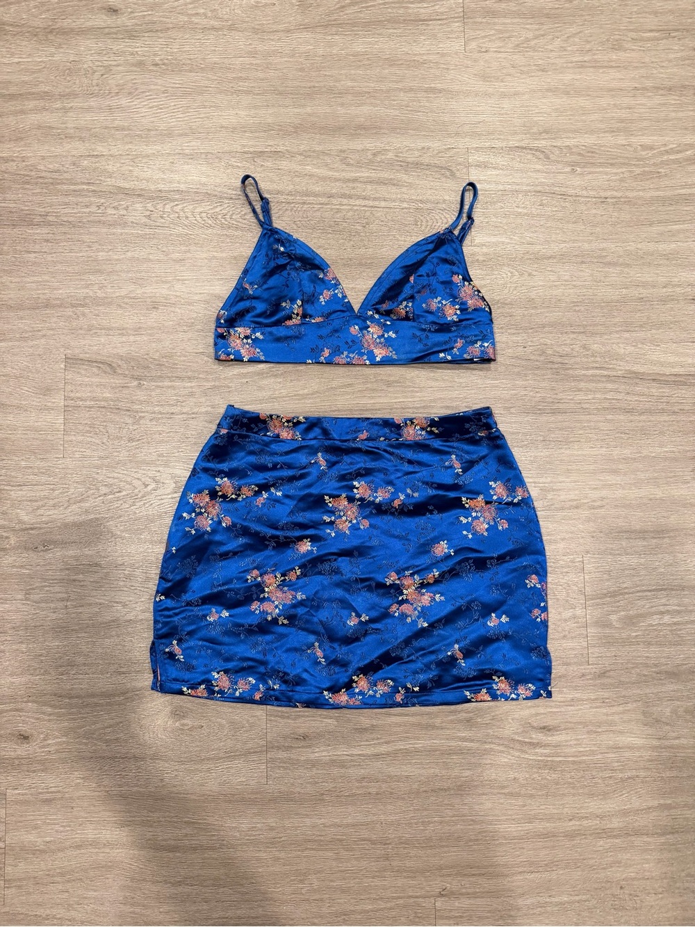 Royal Blue Floral Satin Mini Skirt Set